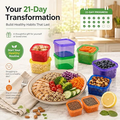 FIXBODY 7PCS Portion Control Containers, Color-Coded Labeled, 21 Day Lose Weight System (Use Guide, 21 Day Tracker and Recipe Ebook Include)