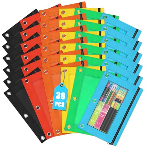 Shemira Pencil Pouch for 3 Ring Binder, 36 Pack Pencil Pouches Bulk in 6 Colors, Binder Pencil Pouchs with Smooth Zipper, Clear Window Pencil Case, Zipper Pencil Pouch, 3 Ring Binder Pencil Pouches - color: 6 Colors