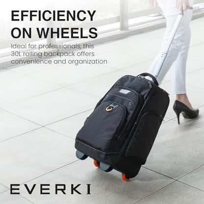 EVERKI Atlas Wheeled 30L Laptop Backpack - Rolling Backpack for Men & Women, Carry-On Travel Roller Backpack for Laptops, Fits 13 to 17.3 Inches with Adjustable Compartment for Business & Work - Black - size: Atlas Original - 30L