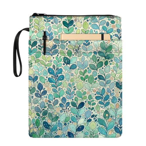 Padded Book Sleeve with Zipper & Front Pocket, Fabric Book Cover | Green Leaves Watercolor Pattern11.4"x8.7" Washable Canvas Pouch for Hardcovers, Tablets & Reading Accessories - color: Green Leaves Watercolor Pattern