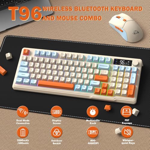 ZIYOU LANG T96 Wireless Gaming Keyboard and Mouse Combo,Dual Bluetooth/2.4G RGB Backlit Mechanical Feeling Keyboard with Smart Display & Knob,4000 DPI Gaming Mouse for PC Laptop Mac Wins-Blueberry - color: Blueberry
