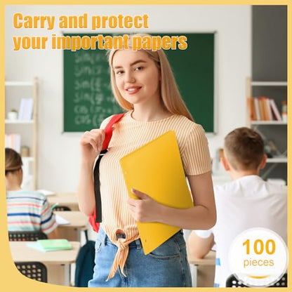 Yeaqee 100 Pcs Plastic Folders with Pockets Bulk 3 Hole Punched 2 Pocket File Folders for 3 Ring Binder Divider Folder for Notebooks, Durable Poly for Office Home (Yellow) - color: Yellow