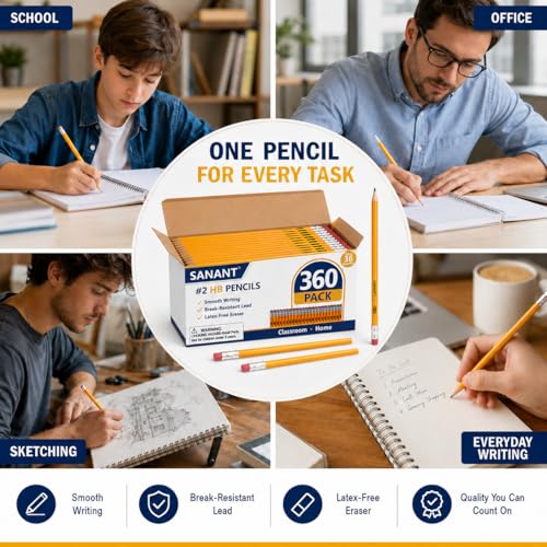 Wood-Cased #2 HB Yellow Pre-Sharpened Pencils with Top Erasers 360 Pack | Pre-Sharpened, HB Lead, Drawing and Sketching, Bulk Yellow Pencils for Classroom School Teacher Supplies, Back to School