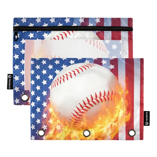 Pencil Pouch for 3 Ring Binder, Baseball Fire American Flag Large Pencil Case Clear Window Pen Bag, Zipper Binder Pouch Accessories for Office School Supplies, 2 Pack - color: A009, size: 9.84 x 7.08 x 0.19 in
