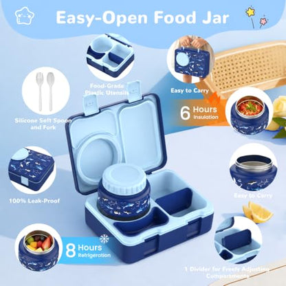 Kids Lunch Box with Thermo, Leakproof Bento Box for Kids with 8OZ Insulated Food Jar, Ice Pack, Sauce Cup, Utensils, Removable Tray & Dividers for School Daycare Travel (Sharks) - color: Sharks