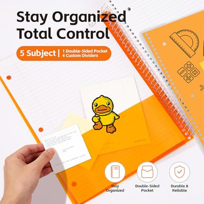 Comix Plastic Cover 3 Subject Notebook, 150 Sheets 8-1/2" x 11" College Ruled Notebook with 3 Dividers for Office/School/Home, Orange - color: Orange