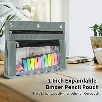 YoeeJob 2 Pack 1 Inch Expandable Zipper Pencil Pouches with Clear Window for 3 Ring Binder, Suitable for School & Office (Grey) - color: Gray