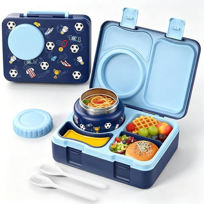 Kids Lunch Box with Thermo, Leakproof Bento Box for Kids with 8OZ Insulated Food Jar, Ice Pack, Sauce Cup, Utensils, Removable Tray & Dividers for School Daycare Travel (Football) - color: Football