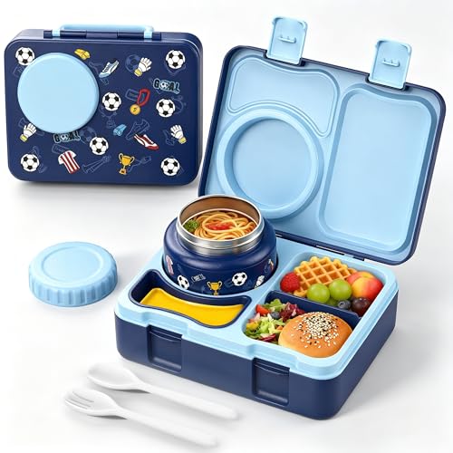Kids Lunch Box with Thermo, Leakproof Bento Box for Kids with 8OZ Insulated Food Jar, Ice Pack, Sauce Cup, Utensils, Removable Tray & Dividers for School Daycare Travel (Football) - color: Football