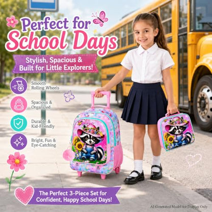 gxtvo Girls Rolling Backpack, Cute Raccoon Roller Wheels Kids Bookbag - Wheeled Elementary School Bag - 3PCS Raccoon - color: Uv Printing Raccoon Pink Rolling Backpack