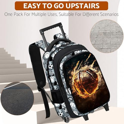 Boys Rolling Backpack for Kids - Basketball Kids Rolling Backpack with Wheels for Elementary Middle School Students - Sport Roller School Bookbag Aged 6-18, Wheeled Travel Bag Large Capacity - color: Basketball-002-backpack Only