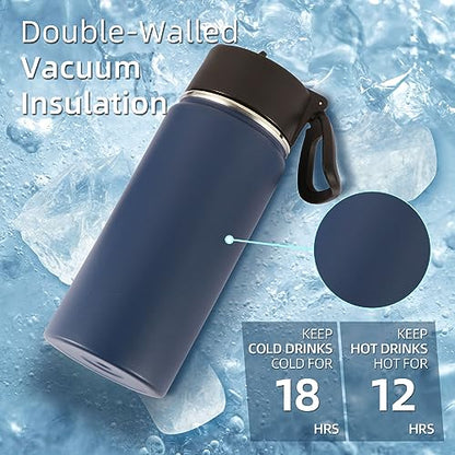 Volhoply Kids Insulated Water Bottle with Straw,16oz Stainless Steel Cold Water Bottles for School,BPA-Free Metal Wide Mouth Cups with Handle Lid,Reusable Double Wall Vacuum Sport Flask(Navy,1) - color: Navy