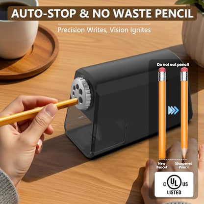 Heavy Duty Electric Pencil Sharpener – 6-Hole Design, Auto Start/Stop, Large Shavings Bin, Safe & Fast 4s Sharpening, Durable Zinc Alloy Blade – Great for School & Office Use