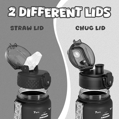 OLDLEY Kids Water Bottle for School, 17 oz (2 lids) BPA-Free Reusable Leak-proof Durable Tritan Plastic Water Bottles with Straw & Chug Lids, Anti-dust Spout Cover (Black) - color: Black, size: 17 Ounces