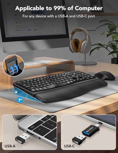 SABLUTE Wireless Keyboard and Mouse Combo with Ergonomic Wave Key | Leather Soft Palm Rest, 2.4G Full Size, 6-Button Mouse, 4-Level DPI, USB-A/C, MA12 Silent Set for PC, Laptop, Windows, macOS - color: Modern Black