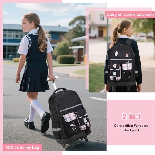 ACESAK Rolling Backpack for Girls - Roller Wheels School Bookbag with Lunch Bag & Pencil Pouch for Teen Girls Kids Wheeled Suitcase Backpacks, Elementary Middle School Travel Daypack (Black) - color: Black