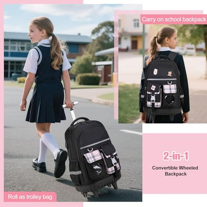 ACESAK Rolling Backpack for Girls - Roller Wheels School Bookbag with Lunch Bag & Pencil Pouch for Teen Girls Kids Wheeled Suitcase Backpacks, Elementary Middle School Travel Daypack (Black) - color: Black