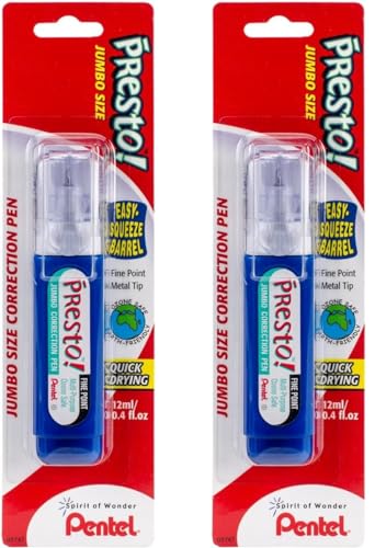 Pentel Presto! Jumbo Correction Pen, Fine Point, Metal Tip, White, 12 ml/0.4 fl.oz. 2 Pack (ZL31WBP-K6) - size: 1 Count (Pack of 2)