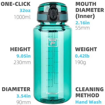 Fanhaw 32 Oz Clear Tritan Water Bottle, BPA-Free & Leak-Proof, Wide Mouth with Anti-dust Chug Lid, Reusable Plastic Bottle for Gym, Travel, School & Office, Back to School Essentials (Dark Green) - color: Dark Green, size: 32 Ounces