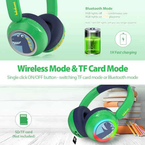Kids Bluetooth Headphones, Dinosaur Wireless Headphones for Kids with LED Lights, Detachable Mic, 75/85/94dB Volume Limited, Fast Charging, Teens Boys Headset for School/Travel/Tablet/Airplane - style: Dinosaur