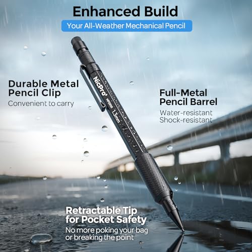 Nicpro 3 PCS 1.3 mm Blacke Mechanical Pencils Set with 48 Lead Refill, 3 Eraser - Weatherproof Metal Barrel, Heavy Duty Carpenter Pencil MP2000 for Outdoor Marking Drafting Drawing Woodworking - style: 3 Pack (Black)