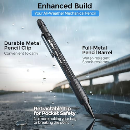Nicpro 3 PCS 1.3 mm Blacke Mechanical Pencils Set with 48 Lead Refill, 3 Eraser - Weatherproof Metal Barrel, Heavy Duty Carpenter Pencil MP2000 for Outdoor Marking Drafting Drawing Woodworking - style: 3 Pack (Black)