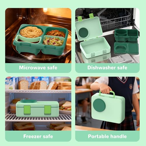 Bento Box for Kids, Leakproof Kids Bento Lunch Box Container with 8oz Insulated Thermo Food Jar, Sauce Jar, Utensil, DIY Stickers for School Boys Girls, 3-4 Compartments, BPA-Free - color: Light Green