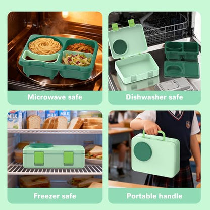 Bento Box for Kids, Leakproof Kids Bento Lunch Box Container with 8oz Insulated Thermo Food Jar, Sauce Jar, Utensil, DIY Stickers for School Boys Girls, 3-4 Compartments, BPA-Free - color: Light Green