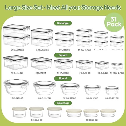 62 PCS Large Food Storage Containers with Lids Airtight (31 Lids &31 Containers) - Leakproof Meal-Prep Containers for Kitchen Storage Reusable Plastic Microwave/Dishwasher Safe with Labels & Pen - color: 31 Pack