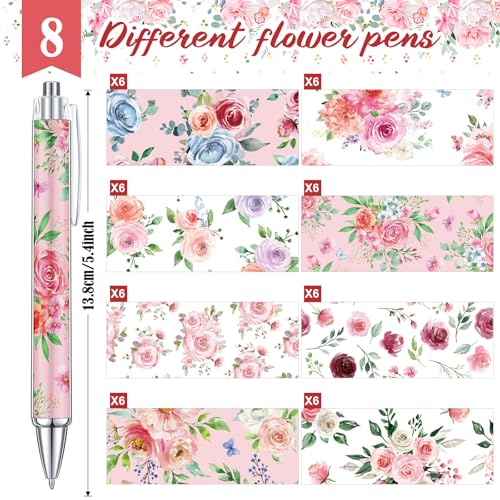 Cholemy 48 Pieces Flower Pens Bulk Spring Floral Ballpoint Pens Colorful Floral Retractable Black Ink for Women Spring Flower Writing Journaling Gifts Office Supplies - style: Spring