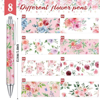 Cholemy 48 Pieces Flower Pens Bulk Spring Floral Ballpoint Pens Colorful Floral Retractable Black Ink for Women Spring Flower Writing Journaling Gifts Office Supplies - style: Spring