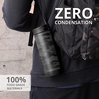 Elemental Iconic Kids Water Bottle with Straw Lid & Stress Relief Pop It Handle, Leak-Proof When Closed, Triple Insulated Kids Stainless Steel Water Bottle For Girls and Boys, 14oz - Black Camo - color: Black Camo, size: 14 Ounces