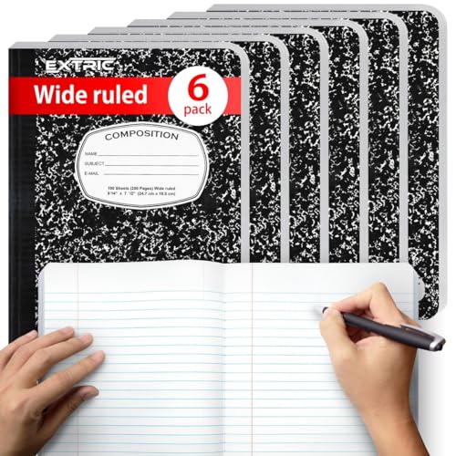 EXTRIC Composition Notebook Wide Ruled 6 PK Bulk 200 Pages for School - size: 6 Pack, style: Wide Ruled