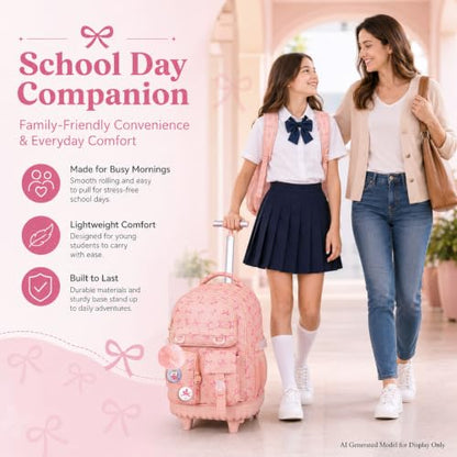 CCJPX 3Pcs Rolling Backpack for Girls, Roller Wheeled School Bookbag, Bow Wheels Backpacks with Lunch Box for Kids (Pink) - color: Bow Pink