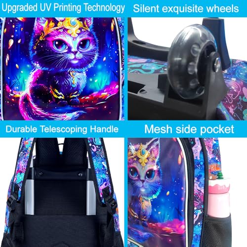 CCJPX 3PCS Rolling Backpack for Girls, Kids Cat Roller Wheels School Bookbag with Lunch Bag, Wheeled School Bag for Toddler Elementary Children - color: Black Cat