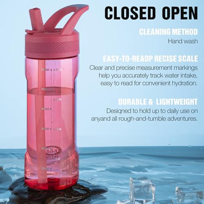 OLDLEY 20oz Kids Water Bottle with Straw, BPA-Free Tritan Water Bottle for School, Leakproof Clear Water Bottle with One Click Open, Measurement Scale, Cup Holder Friendly for Boys Girls,Red - color: Red