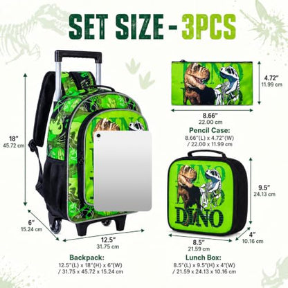CCJPX 3PCS Dinosaur Kids Rolling Backpack Boys, School Bookbag with Wheels, Travel Roller Wheeled Backpacks for Toddler Elementary-Green - color: Dinosaur Green