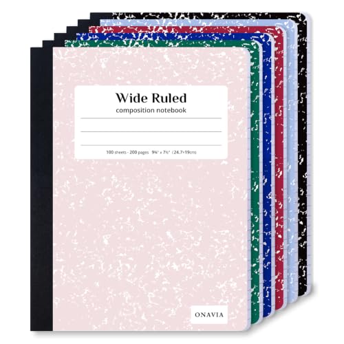 ONAVIA Composition Notebook Wide Ruled 6 Pack, 200 Pages (100 Sheets), 9-3/4 x 7-1/2, Marble Composition Books Bulk, Notebooks for School, Work, Durable Comp Book, School Supplies, Assorted Colors | 100 ct, 9.75 x 7.5 in, Wide Ruled Composition Notebook,