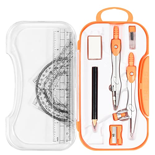 Vobou 10 pcs Math Geometry Set Student Supplies,Compass Kit Set (Orange） | Shatterproof Storage Box,Rulers,Protractor,Compass,Eraser,Pencil Sharpener,Lead Refills,Pencil,for School and Drawing - color: Orange