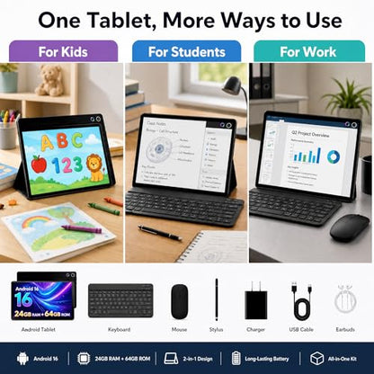 Jeazans Android 16 Tablet 10.1 Inch, 2-in-1 Tablet Bundle with Keyboard, Wireless Mouse, Stylus, Leather Case, Dual Camera, 64GB Storage+1TB Expansion, Portable Laptop for Students & Business