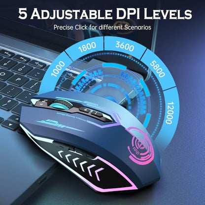UHURU Gaming Mouse, Wireless Gaming Mouse with 7 Buttons 7 Changeable LED Color up to 12000 DPI, Rechargeable USB Gamer Mouse for PC Laptop (Blue) - color: blue