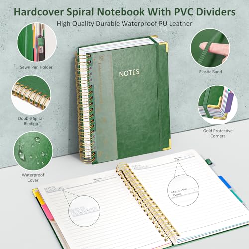 Hardcover Spiral Notebook Journal with Removable PVC Dividers - 8'' x 10'' Large 100 GSM Paper B5 Notebooks with Tabs, 300 Pages Leather 5 Subject Notebook College Ruled for Work School Notes, Green - color: Green