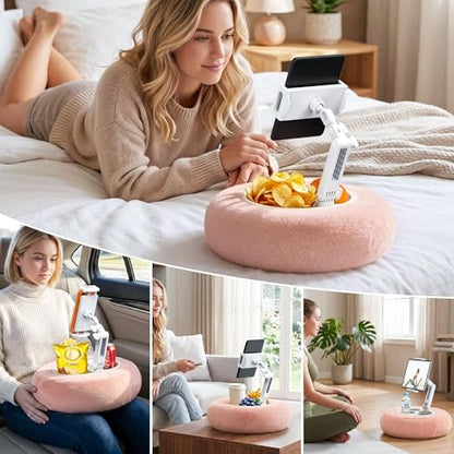 HomeMount Stable Tablet & Kindle Pillow Stand with Snack Tray, Pink | Rotating arm, plush velvet, washable cover, multi-angle comfort, fits 4.7–11" devices for relaxing, reading, or streaming - color: Pink