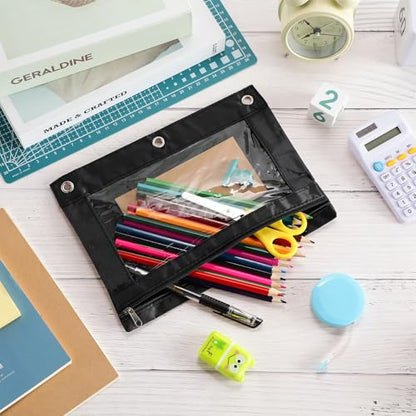 Marspark 30 Packs Pencil Pouch 3 Ring Binder Pen Pouch Cloth Pencil Pouches Zipper Pen Case Bag with Clear Window for School Office Writing Supplies Gifts(Black) - color: Black