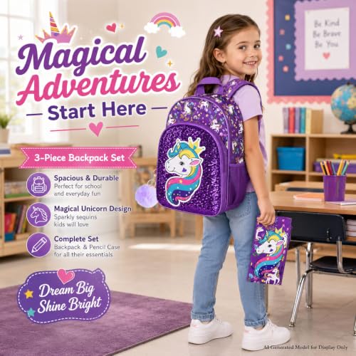 gxtvo 3PCS Girls Backpack, 16" Sequin Prechool Elementary Bookbag and Lunch Box - color: Unicorn Purple Hw