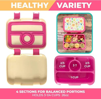 kinsho Bento Lunch Box for Kids Toddlers Girls, 4 Portion Sections Secure Lid, Microwave Safe BPA Free Removable Tray, Pre-School Kid Daycare Lunches Snack Container Ages 3 to 5, Cute Summer - color: Cute Summer Bento