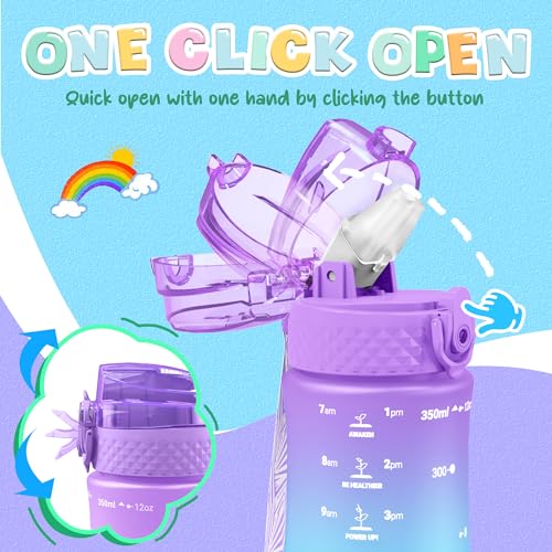 OLDLEY Kids Water Bottle for School, 12 oz (2 lids) BPA-Free Reusable Leak-proof Durable Tritan Plastic Water Bottles with Straw & Chug Lids, Anti-dust Spout Cover (Macaroon) - color: Macaroon, size: 12 Ounces