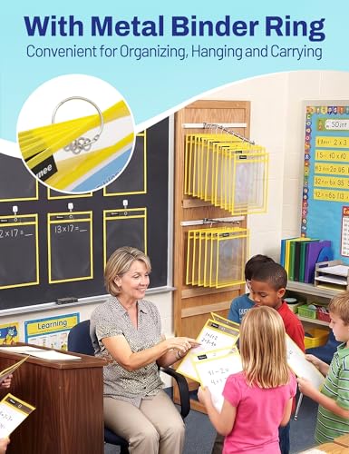 SUNEE 6 Packs Oversized Reusable Dry Erase Pocket Sleeves with Ring, Yellow 10x14 Ticket Holders, Clear Plastic Sheet Protectors, Teacher School Classroom Supplies - color: Yellow, style: 6 Pack