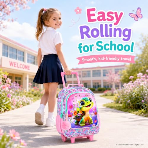 gxtvo Girls Rolling Backpack, Cute Turtle Roller Wheels Kids Bookbag - Wheeled Elementary School Bag - 3PCS Turtle - color: Uv Printing Flower Turtle Rolling Backpack