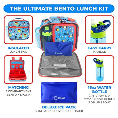 Bento Box with Insulated Lunch Bag, Ice Pack & Water Bottle Set for Kids - 5 Compartments Removable Tray Lunches or Snack Container Boys Toddlers Daycare Pre-School, Blue Pirates - color: Blue Pirate Set